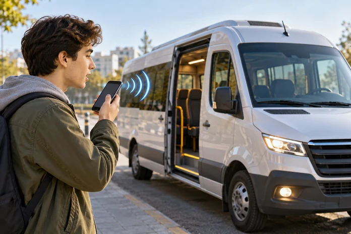 Minibüsü cep telefonundan sesle komuta ediyor